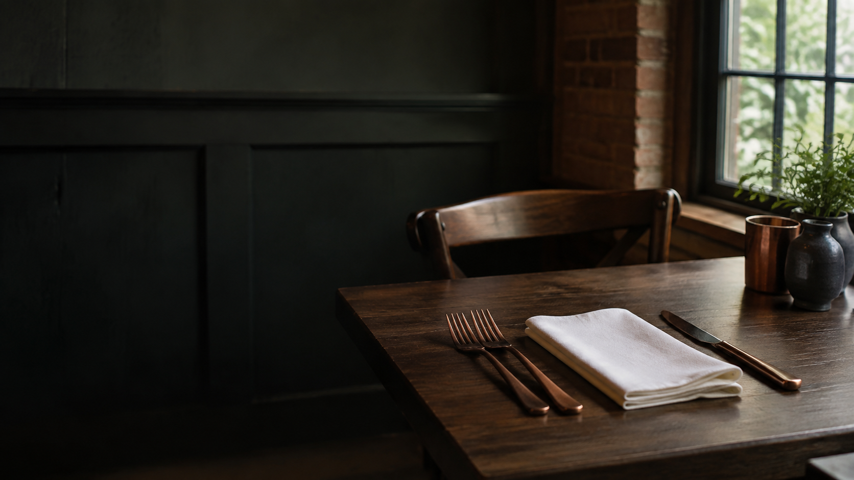 A warmly lit walnut table set before service at Fowler's Mill